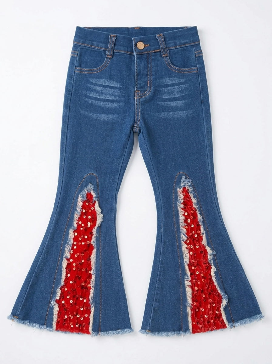 Red sequin flared denim jeans