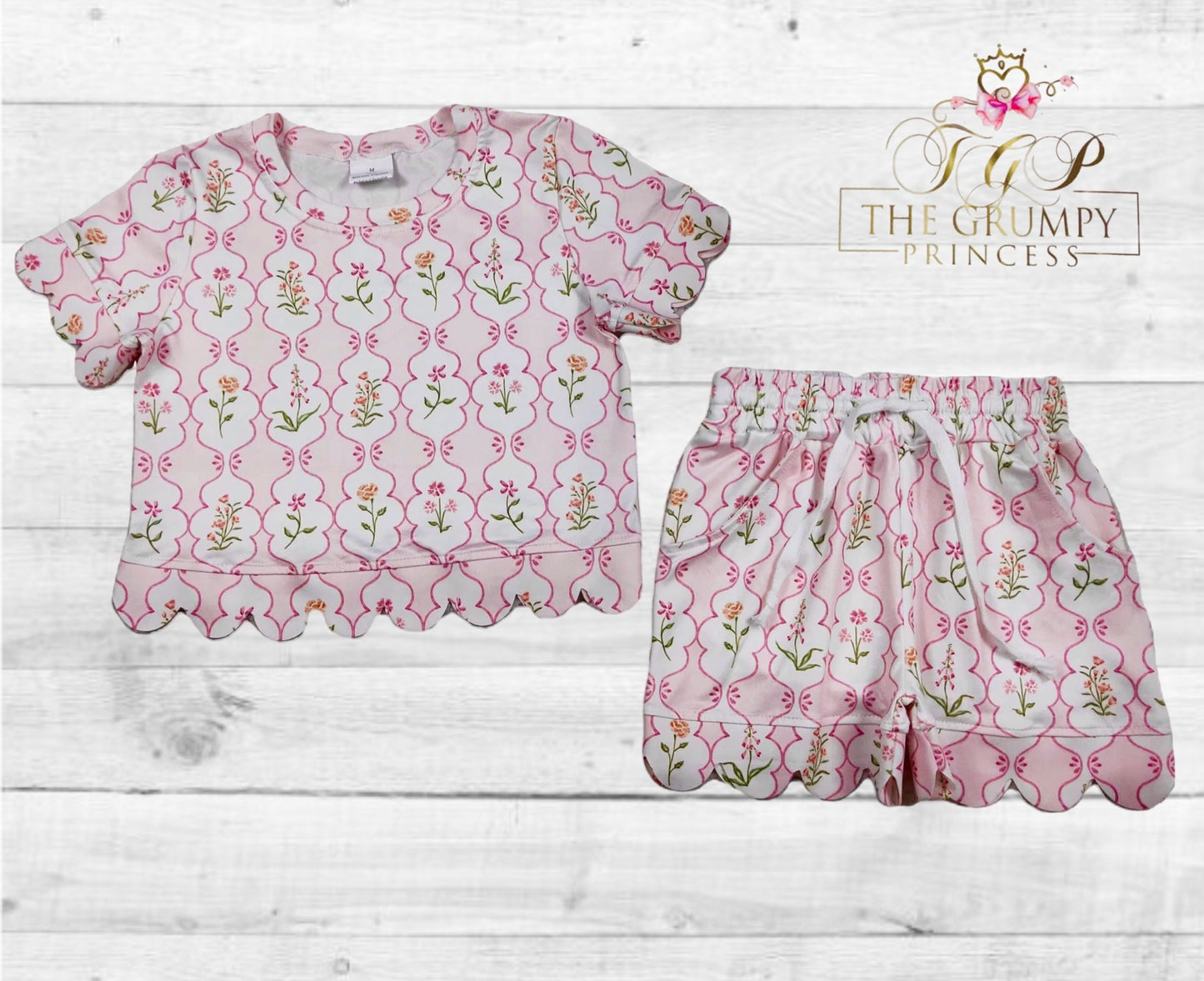 Pink striped floral girls scalloped set