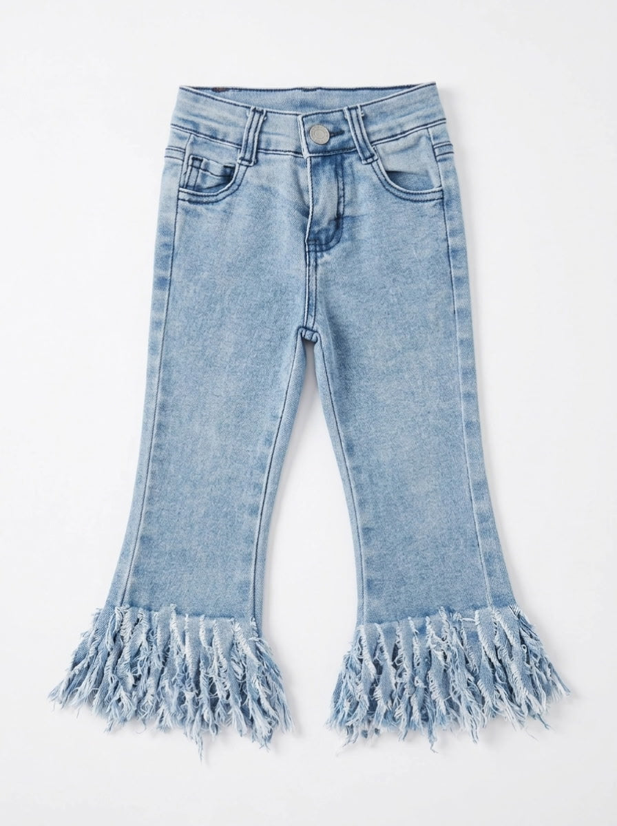 Distressed fringe hem flare jeans