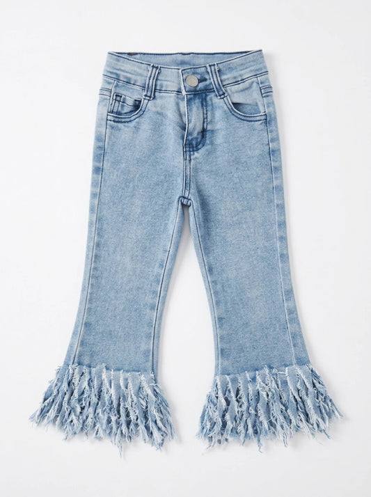 Distressed fringe hem flare jeans