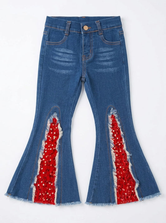 Red sequin flared denim jeans