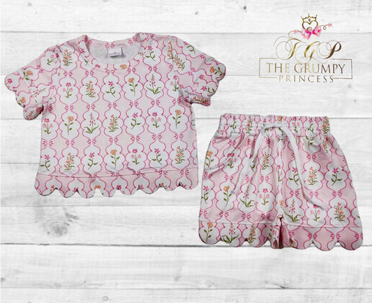 Pink striped floral girls scalloped set