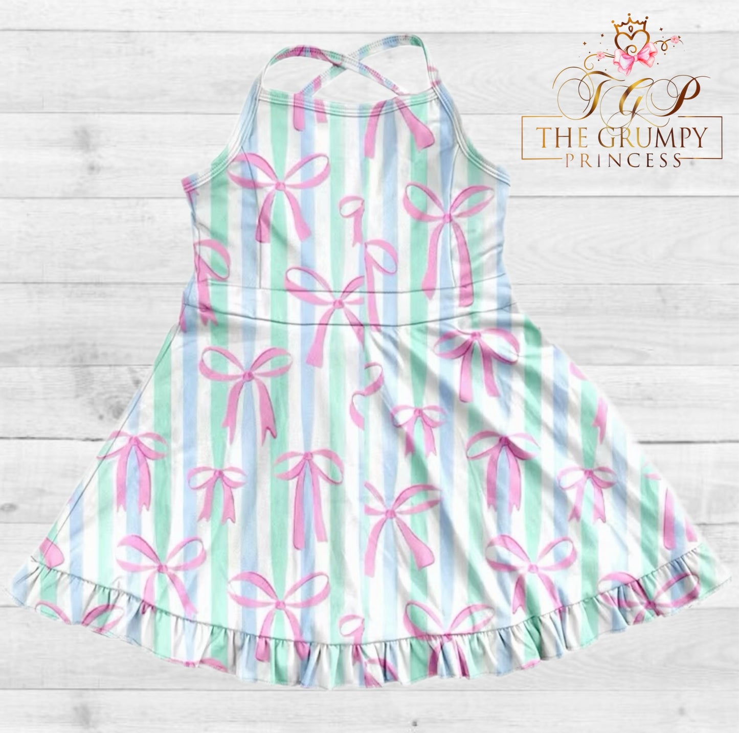 Girls Pastel Striped Coquette Bow Athletic Dress