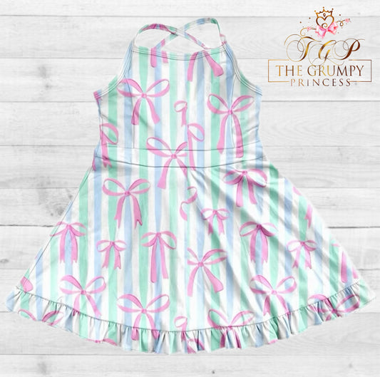 Girls Pastel Striped Coquette Bow Athletic Dress