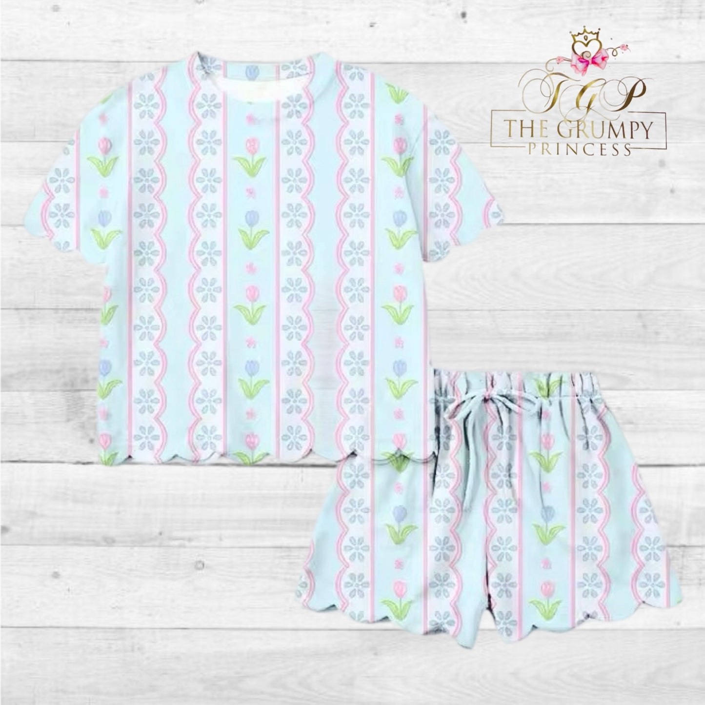 Blue striped floral girls scalloped set